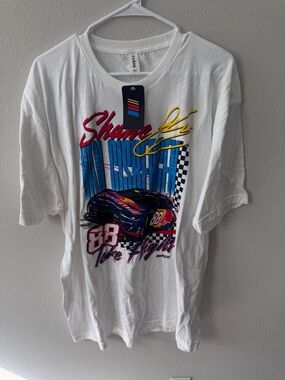 White Shane Van GisbergenGraphic Race Car T-Shirt with Blue, Red & Yellow Design